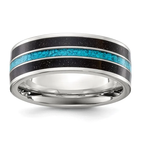 Ladies rings emerald cut rings-Titanium Turquoise and Black Star Sandstone Inlay 8mm Band