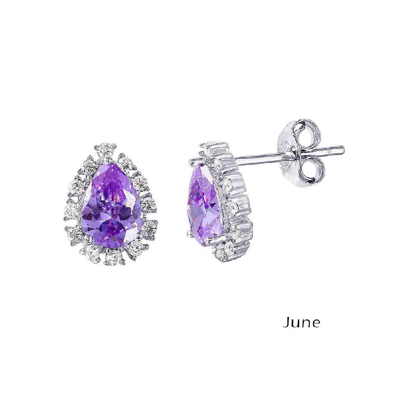 Ladies earrings memory-inspired pieces-Rhodium Plated 925 Sterling Silver Teardrop Halo CZ Birthstone Earrings June - STE01027-JUN