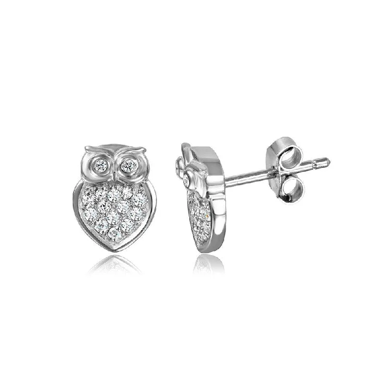 Ladies earrings minimalist trend picks-Silver 925 Rhodium Plated Owl Post CZ Earrings - STE01007