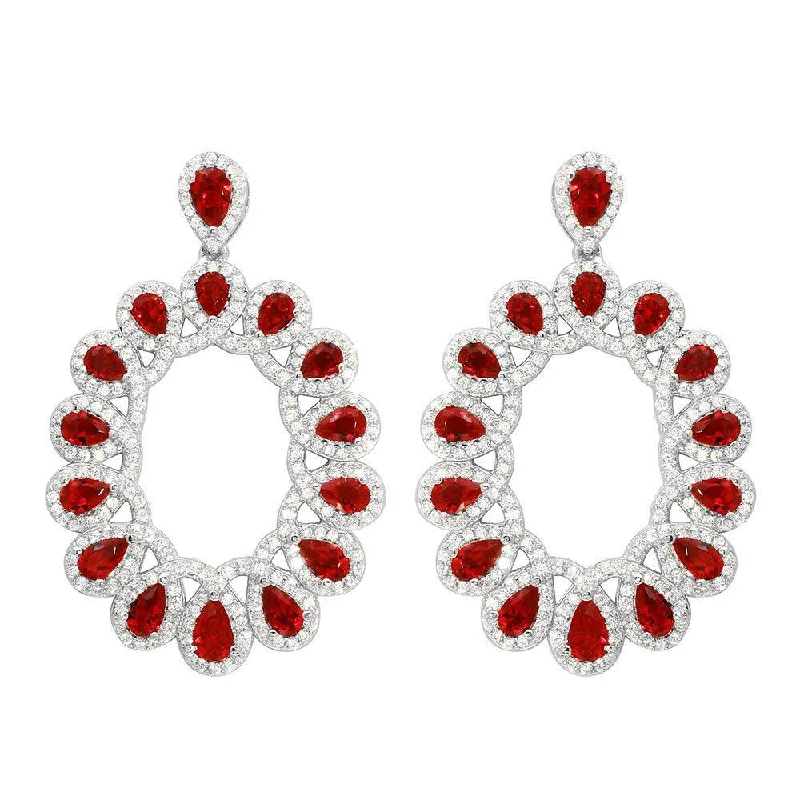 Ladies earrings modern art earrings-Rhodium Plated 925 Sterling Silver Open Oval Red and Clear CZ Hanging Earrings - GME00106-RED