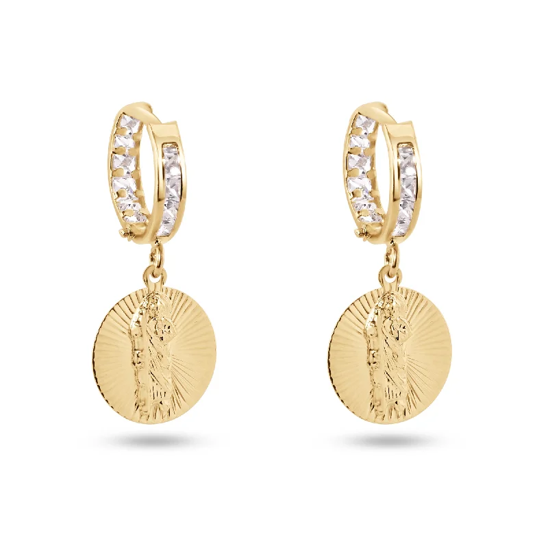 Ladies earrings special occasion designs-14E00420. - 14 Karat Yellow Gold Diamond Cut Dangling Saint Jude Clear CZ 12mm Hoop Earrings