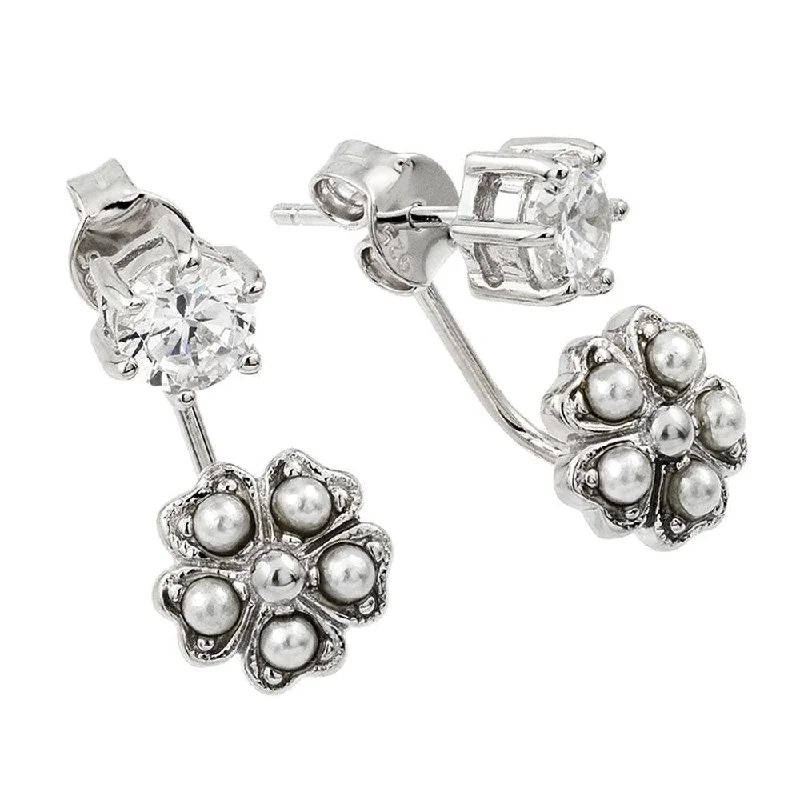 Ladies earrings beaded accent designs-Silver 925 Rhodium Plated Floral Earring Front and Back Earrings - BGE00436