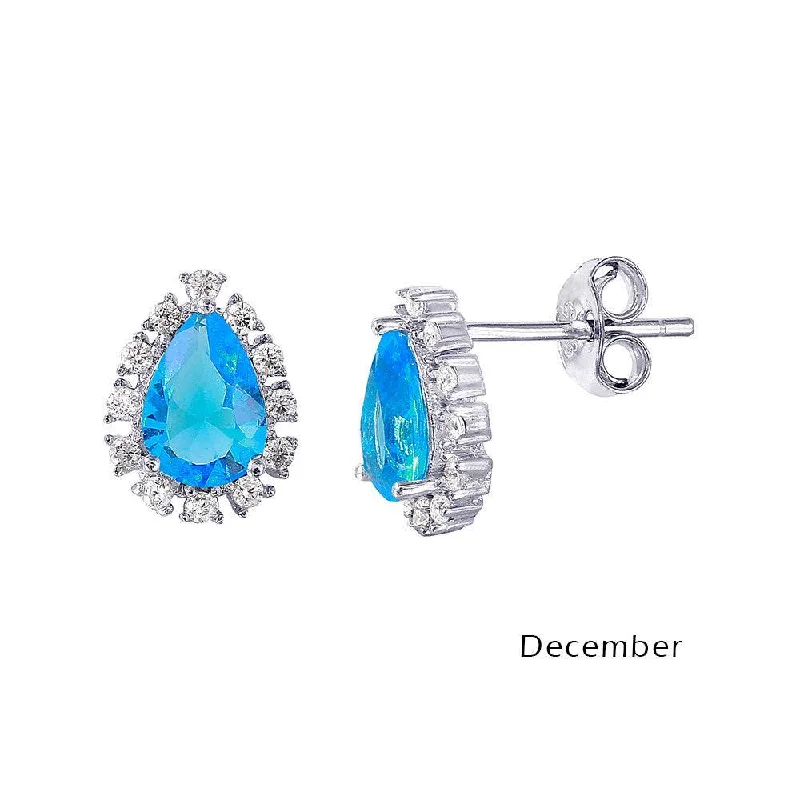 Ladies earrings synthetic jewel options-Rhodium Plated 925 Sterling Silver Teardrop Halo CZ Birthstone Earrings December - STE01027-DEC