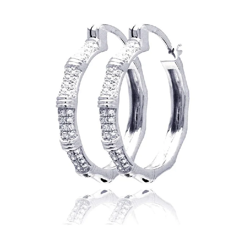 Ladies earrings embossed design earrings-Silver 925 Rhodium Plated Micro Pave Clear CZ Hoop Earrings - ACE00062