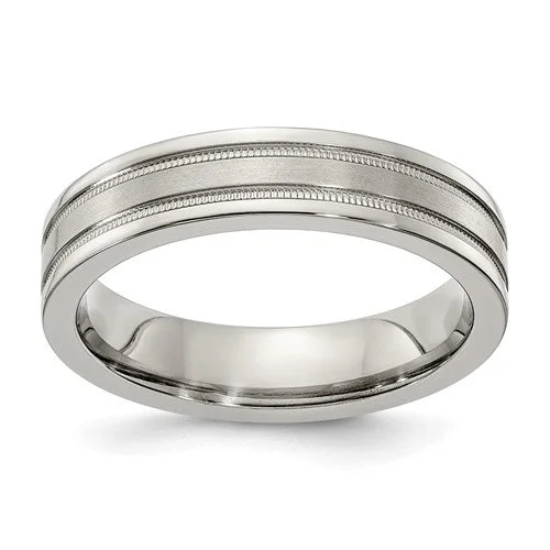 Ladies rings love token designs-Edward Mirell Titanium Brushed And Polished Flat Milgrain 5mm Band