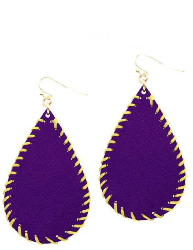 Ladies earrings artisan cooperative designs-College Football Leather Sport Earrings (drop) Purple and Yellow