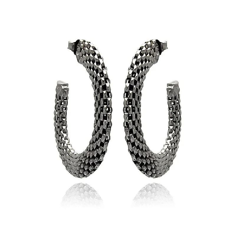 Ladies earrings triple stone earrings-Silver 925 Two Toned Rhodium Plated Crescent Box Link Italian Stud Earrings - ITE00019BLK