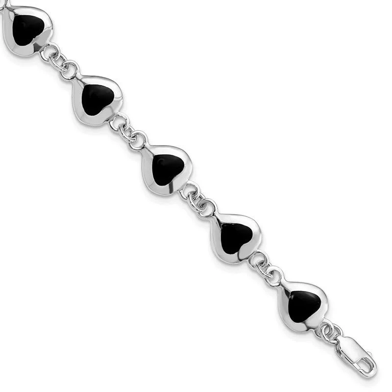 ladies bracelet intricate mother’s-Sterling Silver Rhodium-plated 7inch Fancy Polished Heart Onyx Bracelet