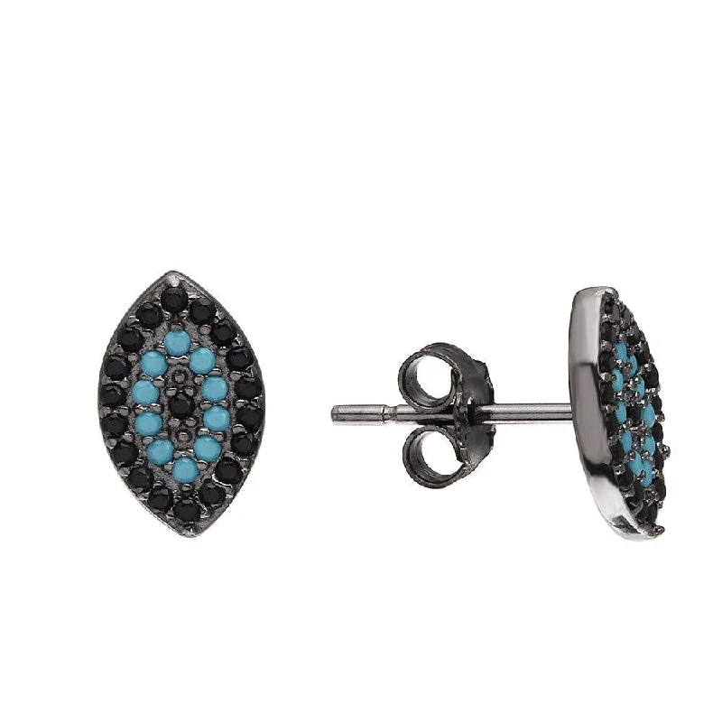 Ladies earrings fade-proof earrings-Black Rhodium Plated 925 Sterling Silver Evil Eye Earrings with Black CZ and Turquoise Stones - STE01072BP