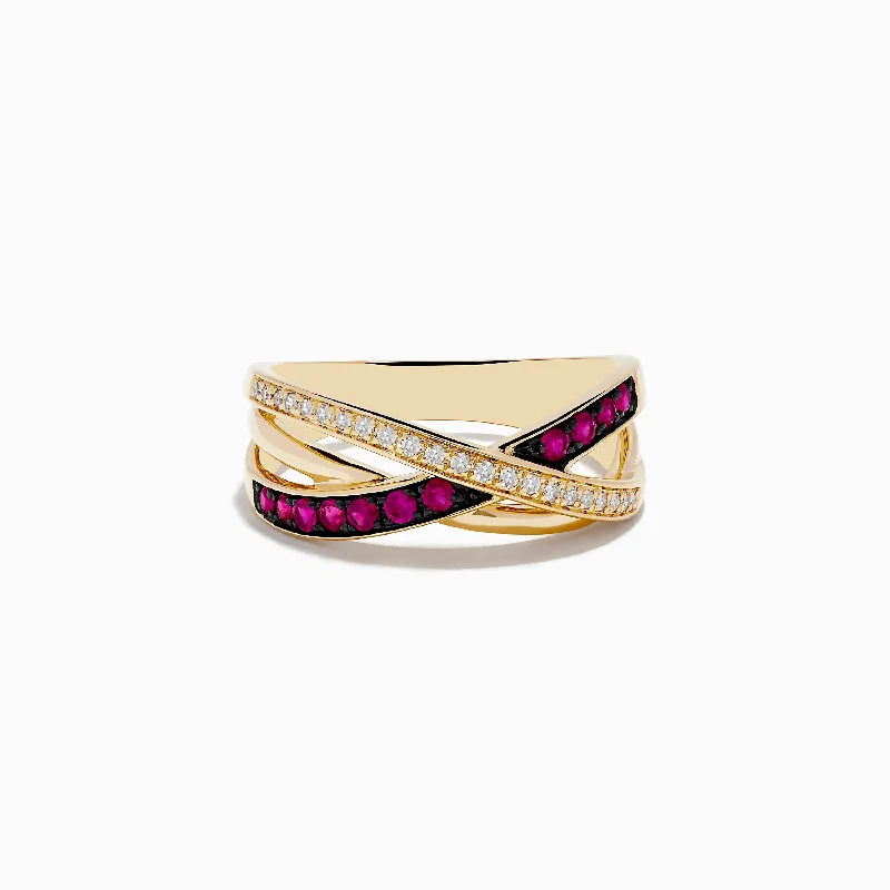 Ladies rings natural stone designs-Ruby Royale 14K Yellow Gold Ruby and Diamond Crossover Band