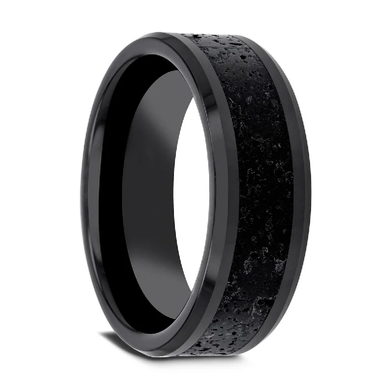 Ladies rings rose quartz styles-Thorsten VESUVIUS Black Ceramic Wedding Band with Black & Gray Lava Rock Stone Inlay & Polished Beveled Edges - 6mm & 8mm