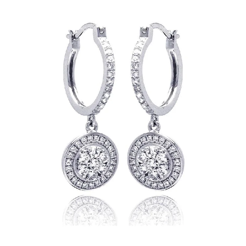 Ladies earrings rose gold drop styles-Silver 925 Rhodium Plated Micro Pave Clear Round CZ Wire Dangling huggie hoop Earrings - ACE00059