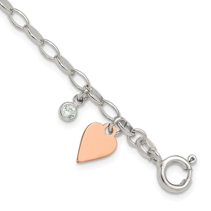 ladies bracelet modern pearl-Sterling Silver Rose Gold-plated Polished w/Heart and CZ Link Bracelet