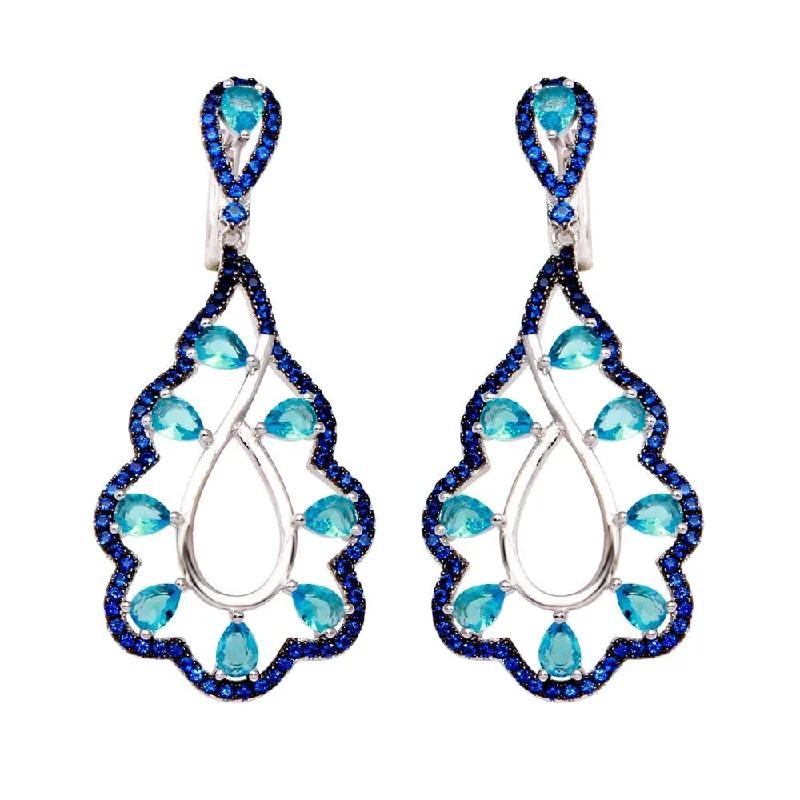 Ladies earrings triple stone earrings-Rhodium Plated 925 Sterling Silver Teal and Blue CZ Teardrop Earrings - BGE00582