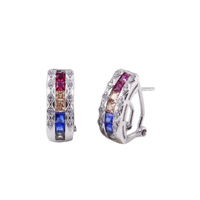 Ladies earrings low maintenance styles-Rhodium Plated 925 Sterling Silver Multi-Colored Clip On Hoop Earrings - BGE00602