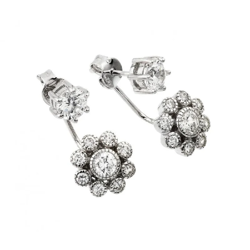 Ladies earrings glossy finish styles-Silver 925 Rhodium Plated Dangling CZ Cluster Front and Back Earrings - BGE00437