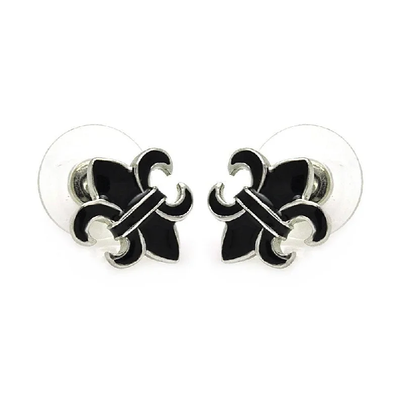 Ladies earrings garnet red earrings-Silver 925 Rhodium Plated Black Fleur De Lis Stud Earrings - BGE00199