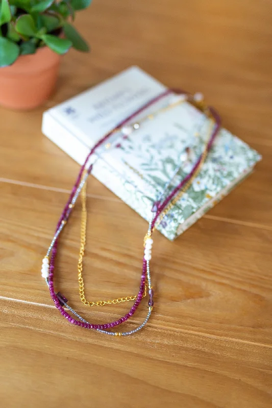 ladies necklace slim opera length-Berry Jade Layered Necklace