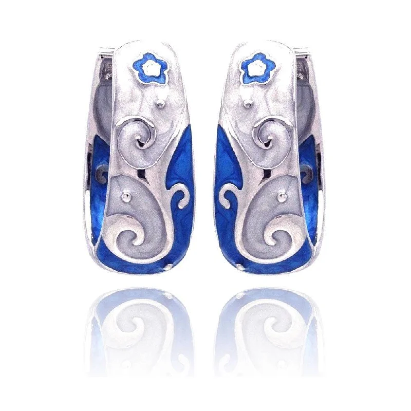 Ladies earrings uniform size styles-Clearance-Silver 925 Rhodium Plated Blue Filigree Star CZ Hoop Earrings - BGE00131