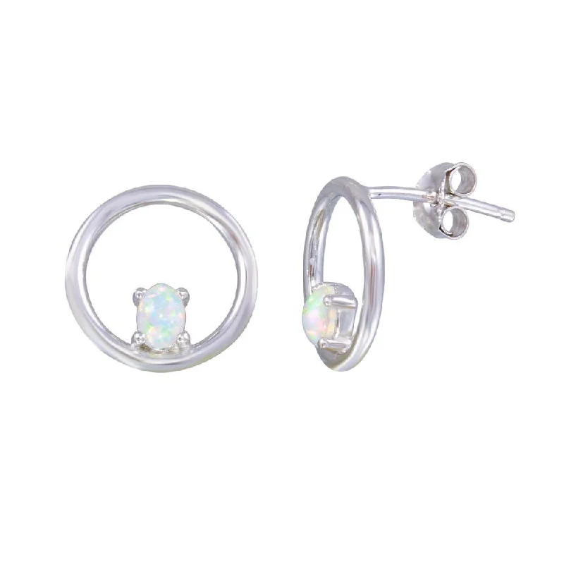 Ladies earrings muted tone earrings-Rhodium Plated 925 Sterling Silver Open Circle Synthetic Opal Earrings - STE01186