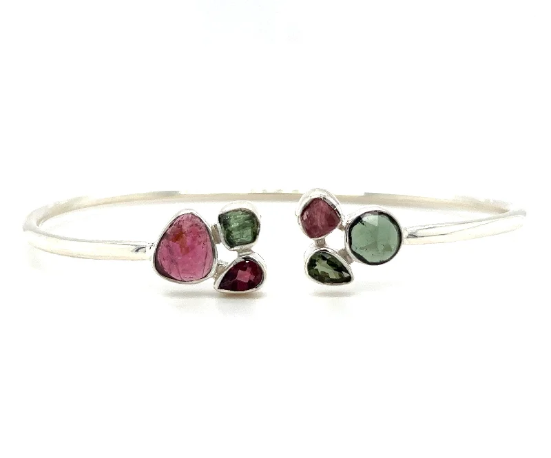 ladies bracelet solitaire personalized-Sterling Silver Pink & Green Tourmaline Bangle Bracelet