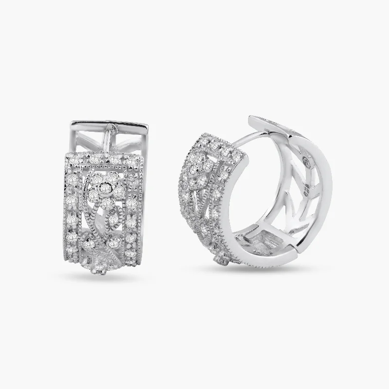 Ladies earrings durable craft designs-Silver 925 Rhodium Plated Round Filigree CZ huggie hoop Earrings - STE00568