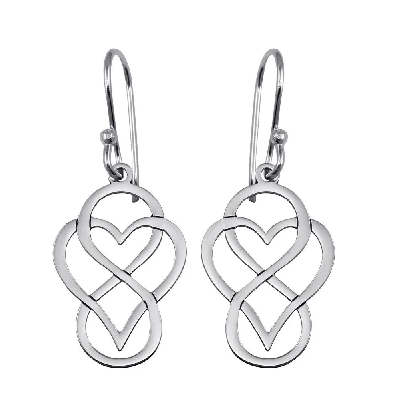 Ladies earrings brushed texture styles-Rhodium Plated 925 Sterling Silver Dangling Flat Heart and Infinity Design Earrings - TRE00005