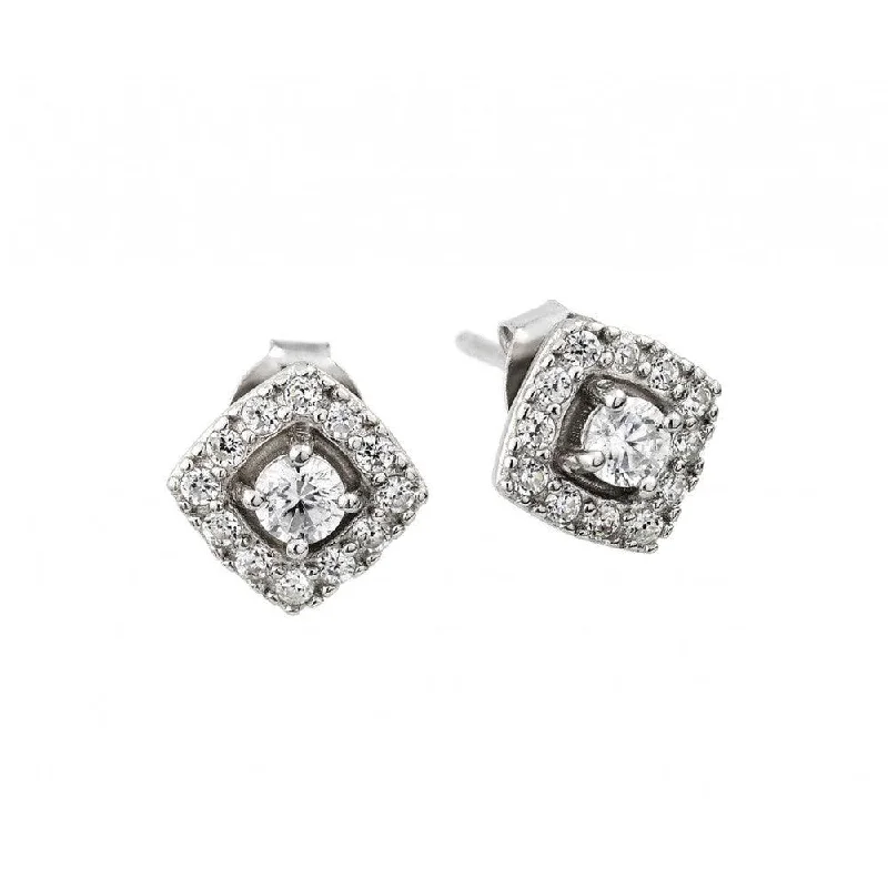 Ladies earrings embossed design earrings-Silver 925 Rhodium Plated CZ Square Cluster Earrings - BGE00434