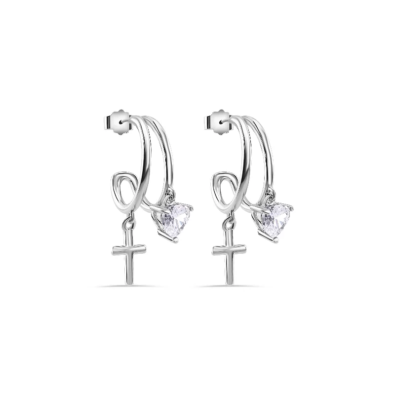 Ladies earrings pink diamond styles-Rhodium Plated 925 Sterling Silver Heart and Cross Hoop Earring - STE01384