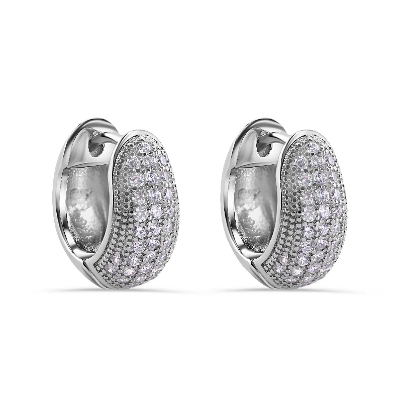 Ladies earrings eco-friendly materials-Rhodium Plated 925 Sterling Silver Pave Half Clear CZ Studded Hoop Earring - STE01379