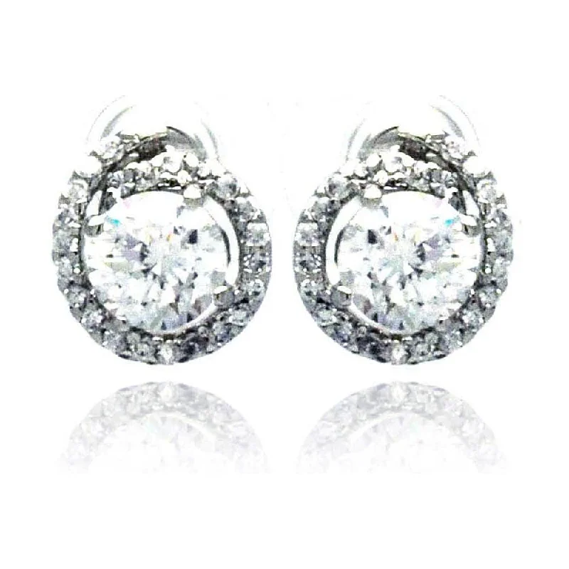 Ladies earrings creative artistic styles-Silver 925 Rhodium Plated Round Center CZ Stud Earrings - BGE00203