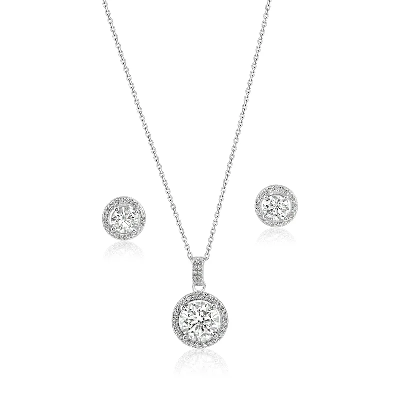 Ladies earrings cultural celebration styles-Rhodium Plated 925 Sterling Silver Round Moissanite 0.5 Carat Earring and 2 Carat Necklace Sets - MBGS00001