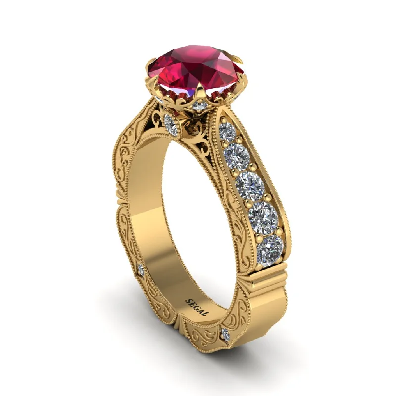 Ladies engagement rings floral diamond bands-Ruby Victorian Scroll Engagement Ring - Kehlani No. 10