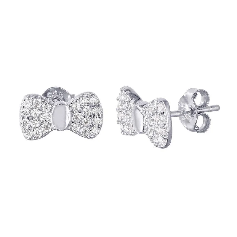 Ladies earrings architectural style designs-Silver 925 Rhodium Plated CZ Bow Earrings - STE01014