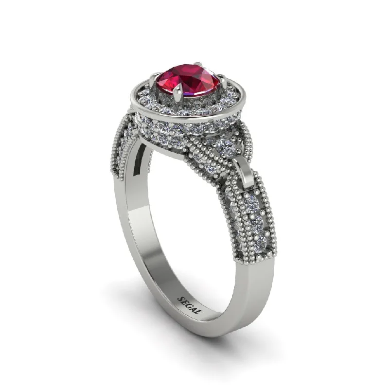 Ladies engagement rings platinum solitaire-Ruby Double Halo Handmade Engagement Ring - Gracelyn No. 12