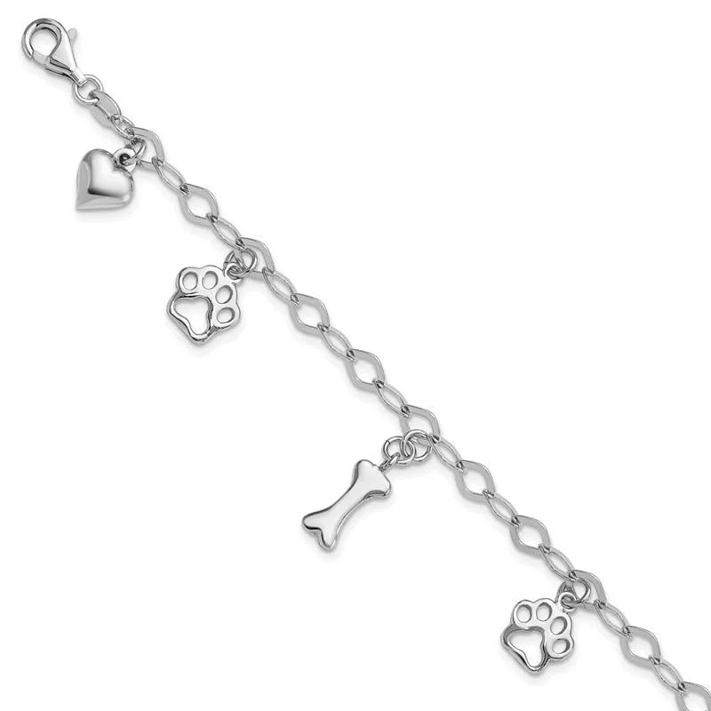 ladies bracelet sculpted seasonal-Sterling Silver Rhodium-plated Dog Bone Paw Heart Charm 7.5in Bracelet