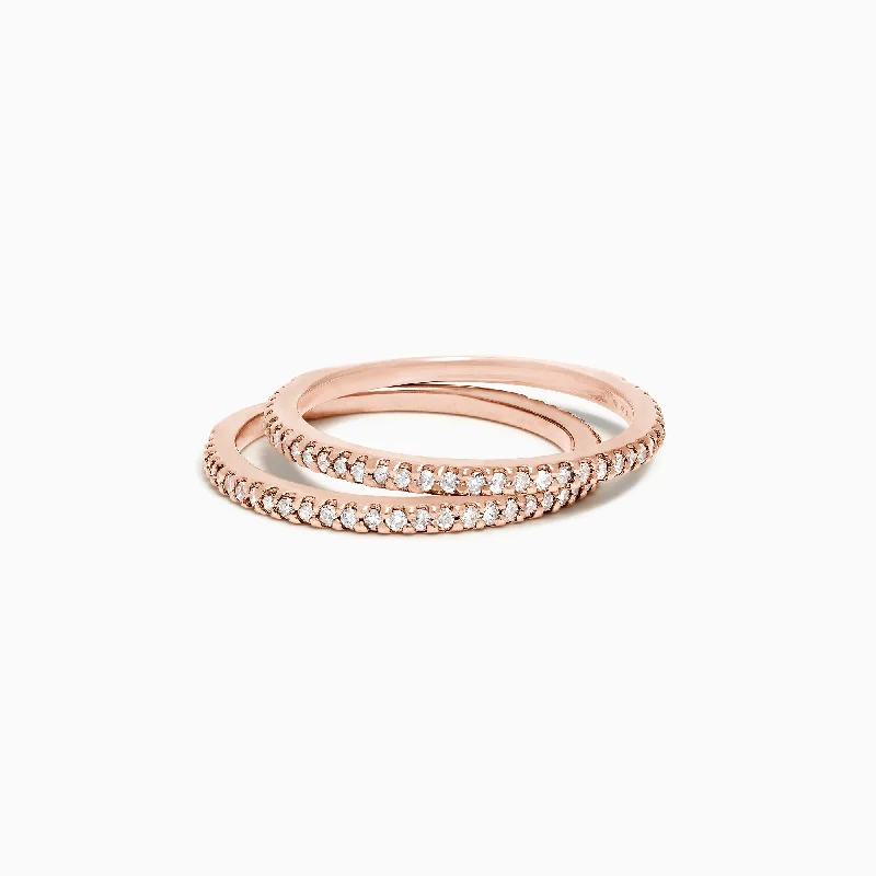 Ladies rings symmetrical balance styles-14K Rose Gold Pave Diamond Band, Set of Two