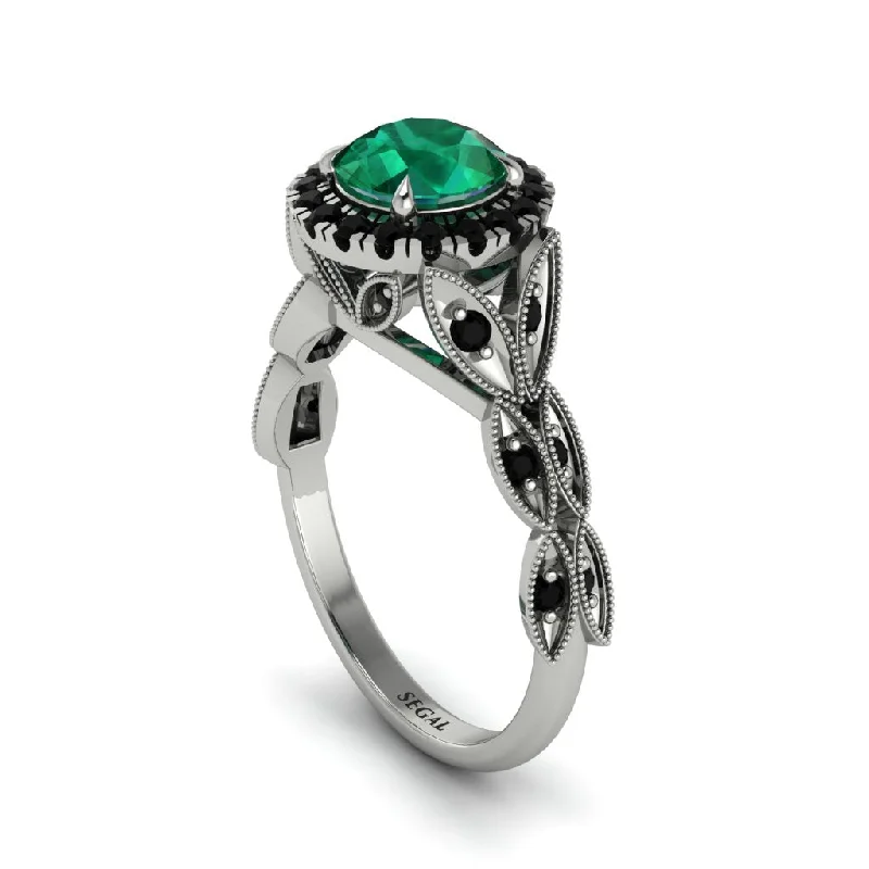 Ladies engagement rings romantic styles-Emerald Halo Nature Inspired Leaf Engagement Ring - Alessandra No. 36