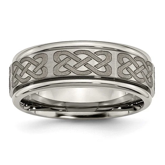 Ladies rings delicate outline styles-Titanium Ridged Edge 8mm Celtic Knot Laser Design Brushed & Polished Band