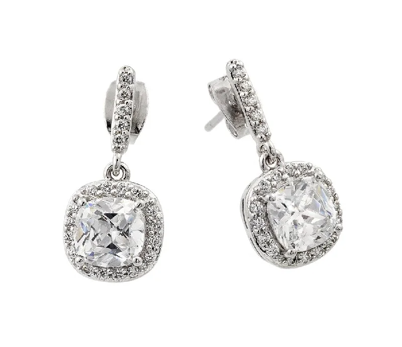 Ladies earrings celebrity style trends-Rhodium Plated 925 Sterling Silver Hanging Square Halo CZ Earrings - BGE00430