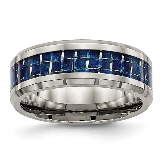 Ladies rings cubist style designs-Titanium Blue Carbon Fiber Inlay Polished 8mm Band