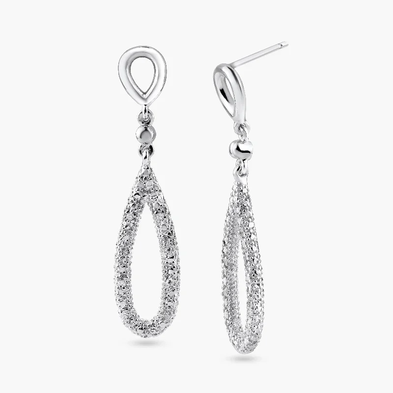 Ladies earrings sapphire stone designs-Silver 925 Rhodium Plated Open Teardrop Clear CZ Dangling Stud Earrings - STE00869