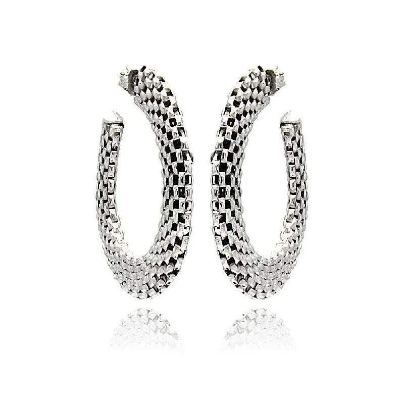 Ladies earrings cluster design earrings-Silver 925 Two Toned Black and Rhodium Plated Crescent Box Link Italian Stud Earrings - ITE00019RH