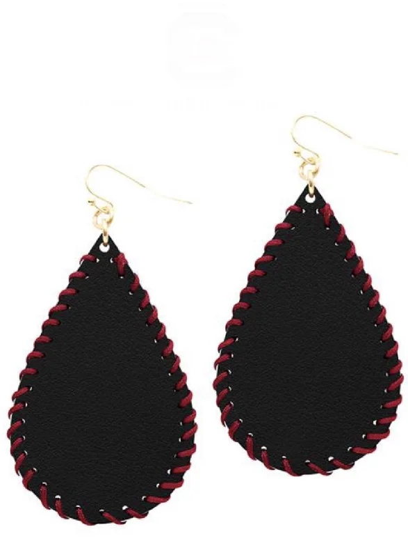 Ladies earrings satin finish styles-College Football Leather Sport Earrings (Drop) Black and Red