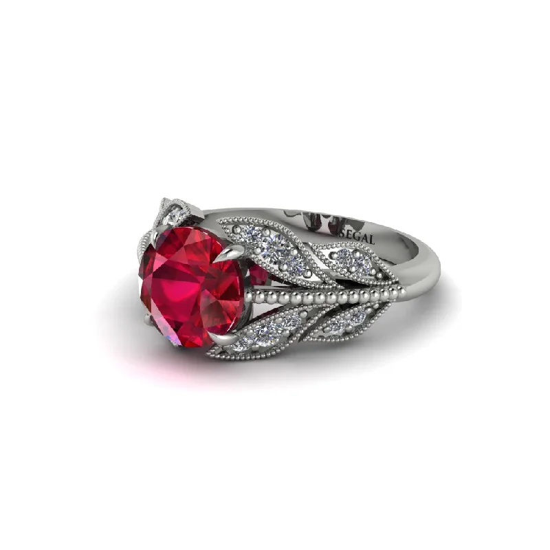 Ladies engagement rings festive gemstone cuts-Ruby Majestic Leaf Gold Engagement Ring - Makenna No. 12