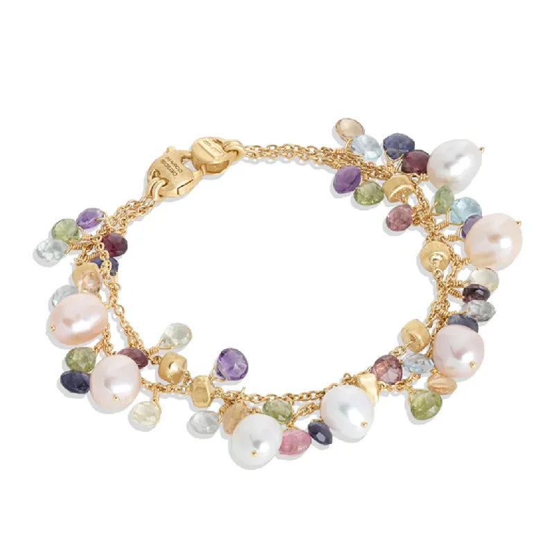 ladies bracelet butterfly shell-Marco Bicego Paradise Collection 18K Yellow Gold Mixed Gemstone and Pearl Double Strand Bracelet