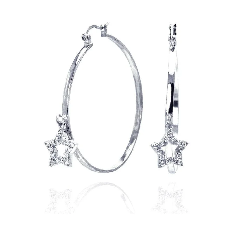 Ladies earrings pear cut designs-Clearance-Silver 925 Rhodium Plated Dangling Star CZ Hoop Earrings - STE00305