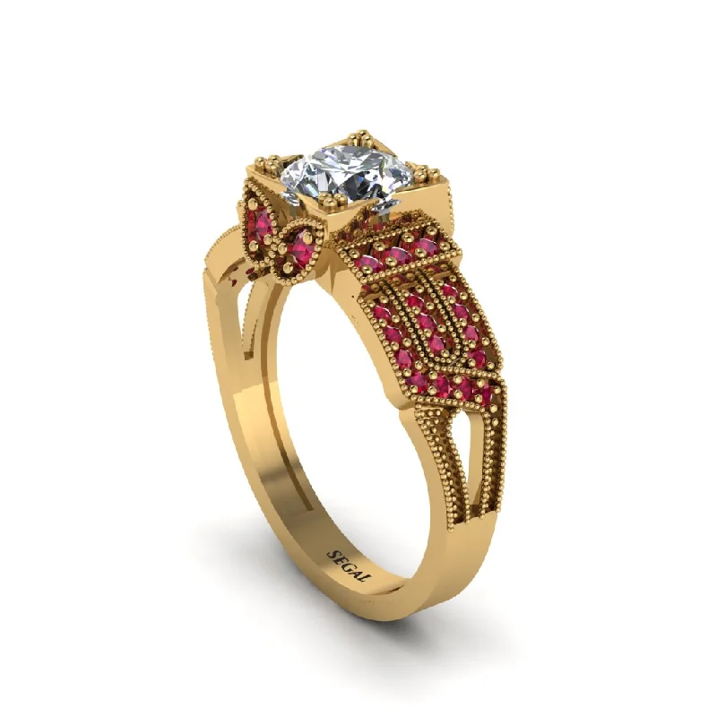 Ladies engagement rings autumn solitaires-Diamond Milgrain Gold Engagement Ring - Lyric No. 46