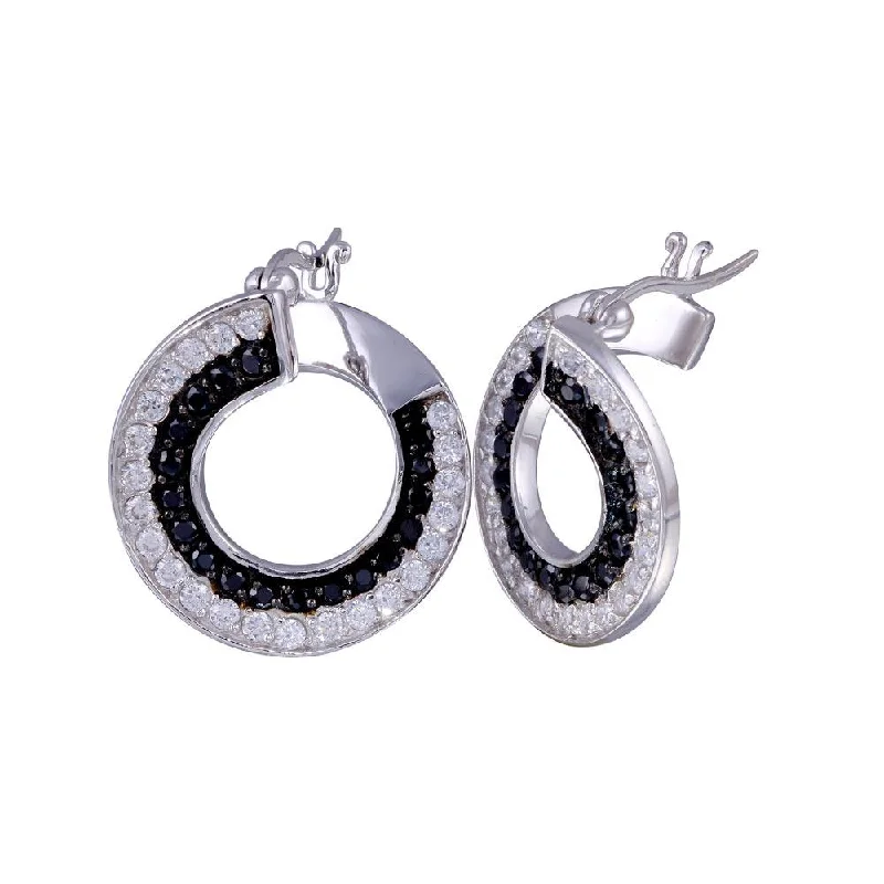 Ladies earrings smooth surface earrings-Clearance-Silver 925 Black and Silver Rhodium Plated Twirl Round Ramp CZ Hoop Earrings - STE00558