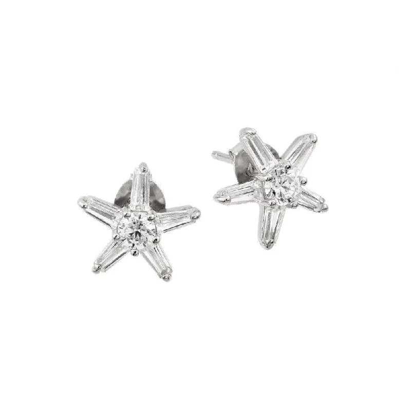 Ladies earrings abstract form earrings-Silver 925 Rhodium Plated Clear Round and Baguette CZ Star Earrings - BGE00431